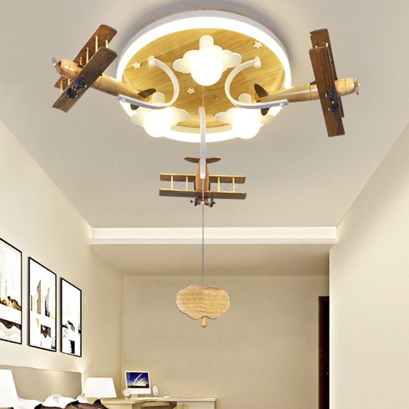 Kids’ Yellow Cloud & Plane 3 - Light Wood Ceiling Flushmount With Pull Chain