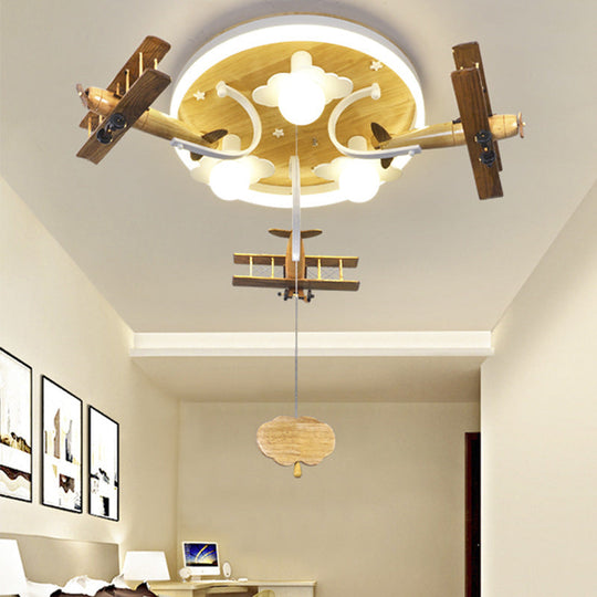 Kids’ Yellow Cloud & Plane 3 - Light Wood Ceiling Flushmount With Pull Chain