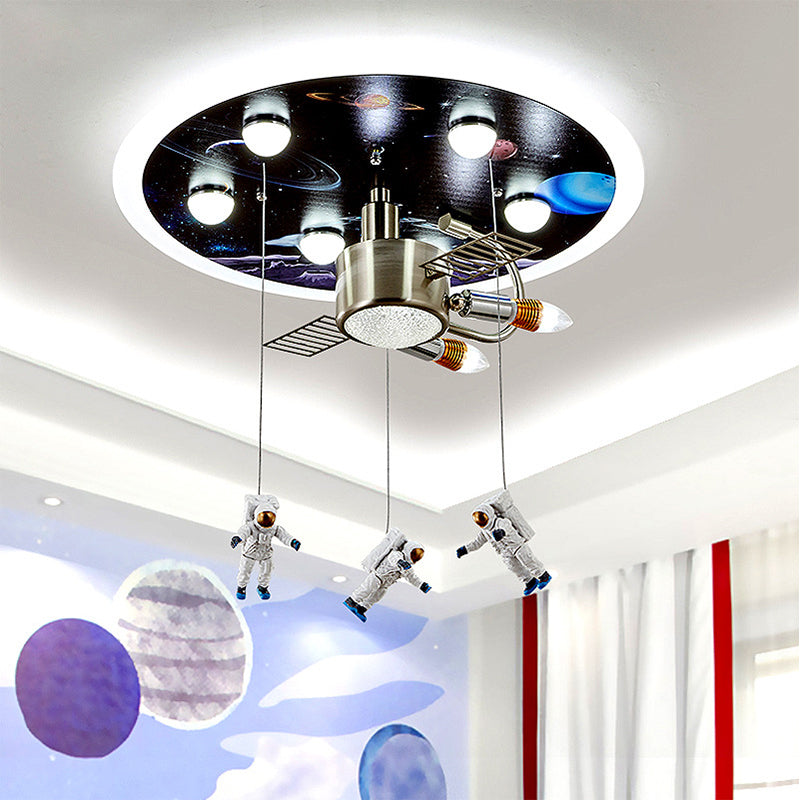 Kids Black Space Satellite Flushmount Lighting With Acrylic Shade - 9 - Bulb Ceiling Flush Mount