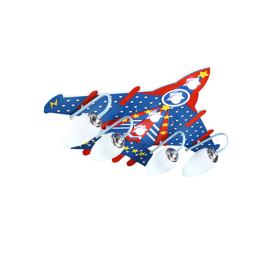 Cartoon Blue Plane Flush Mount Ceiling Light With 4 Lights For Kids’ Bedroom