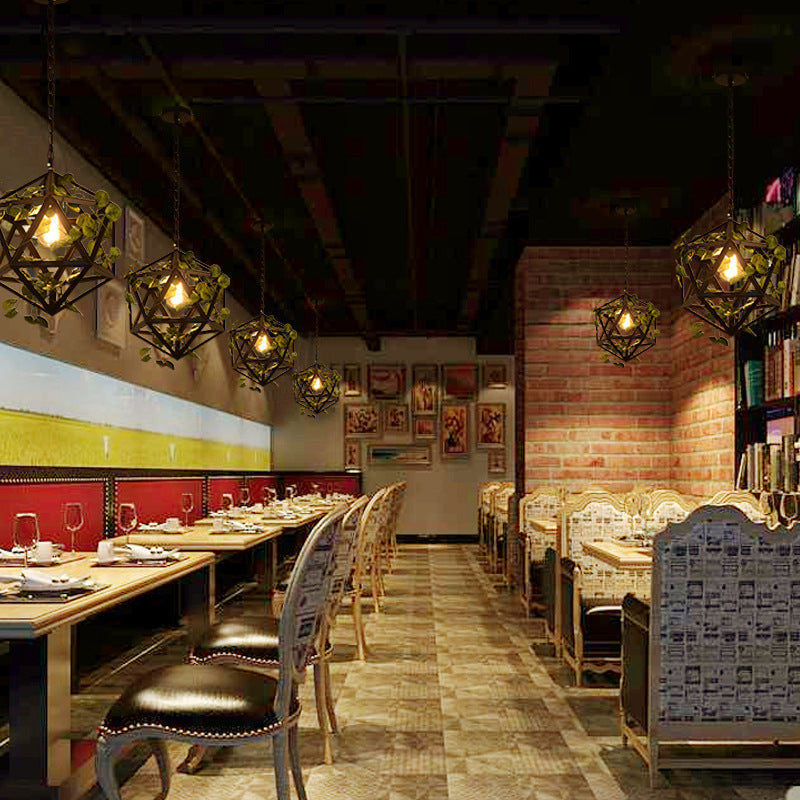 Modern Metal Geometric Pendant Light With Fake Vine Ideal For Restaurants Ceiling Mount Black Finish