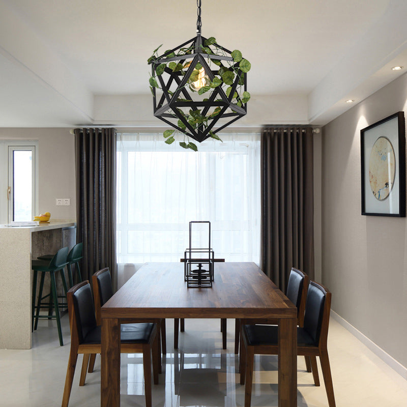Geometric Metal Pendulum Light With Bulb And Fake Vine - Perfect For Industrial Restaurant Ceiling
