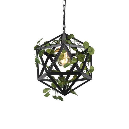Modern Metal Geometric Pendant Light With Fake Vine Ideal For Restaurants Ceiling Mount Black Finish