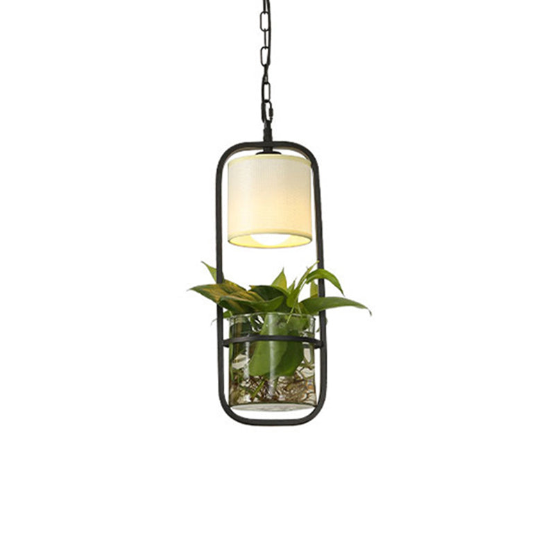 Rustic Led Pendant Light Fixture In Cylinder Shape Black/White/Gold Fabric Warm/White With Plant Cup