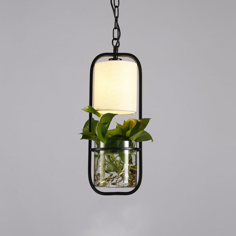 Rustic Led Pendant Light Fixture In Cylinder Shape Black/White/Gold Fabric Warm/White With Plant Cup