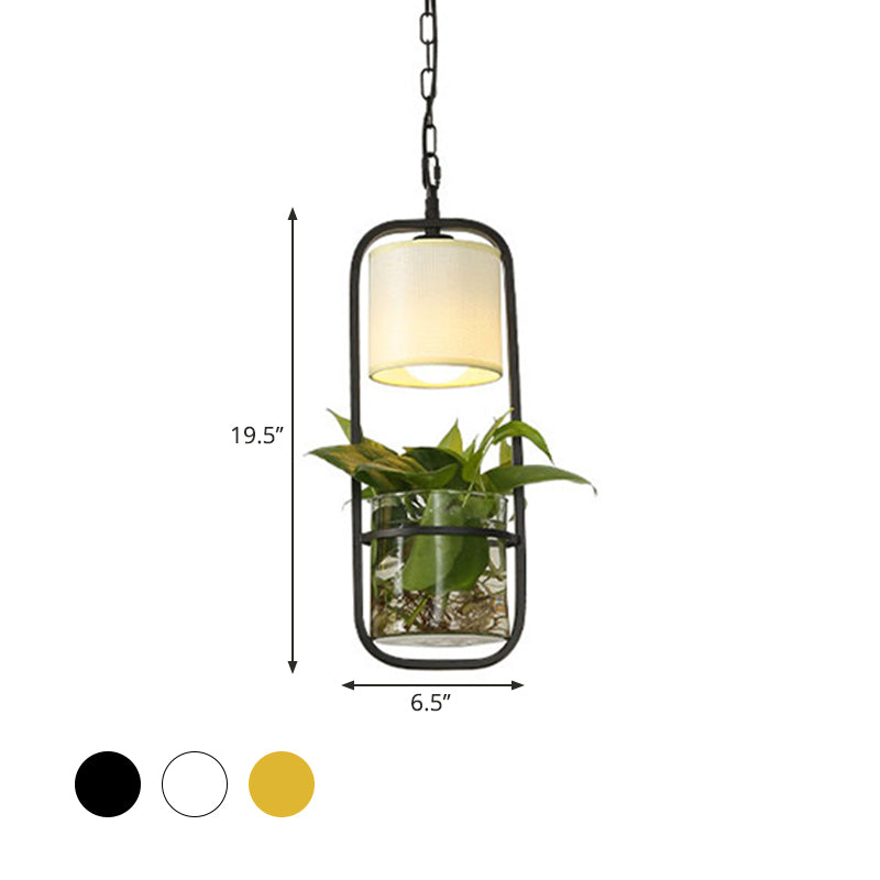 Rustic Led Pendant Light Fixture In Cylinder Shape Black/White/Gold Fabric Warm/White With Plant Cup