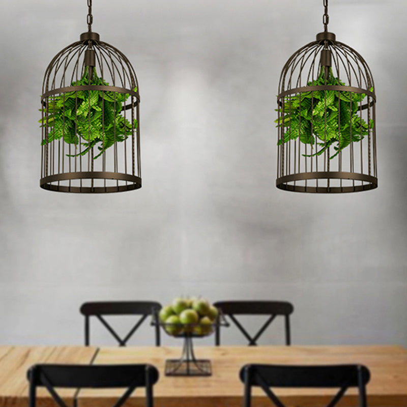 Industrial Black Iron Pendulum Birdcage Lamp With Artificial Plant - Single-Bulb Hanging Light