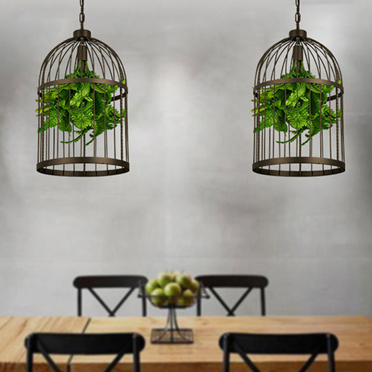 Industrial Black Iron Pendulum Birdcage Lamp With Artificial Plant - Single-Bulb Hanging Light