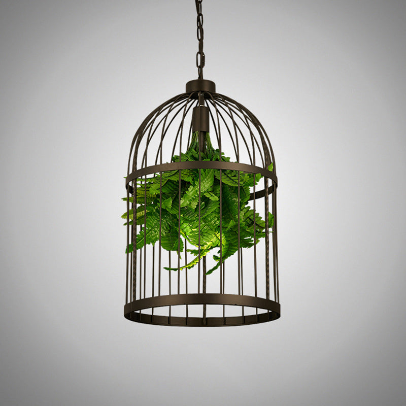 Industrial Black Iron Pendulum Birdcage Lamp With Artificial Plant - Single-Bulb Hanging Light