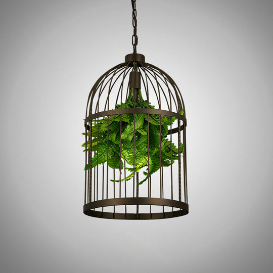 Industrial Black Iron Pendulum Birdcage Lamp With Artificial Plant - Single-Bulb Hanging Light