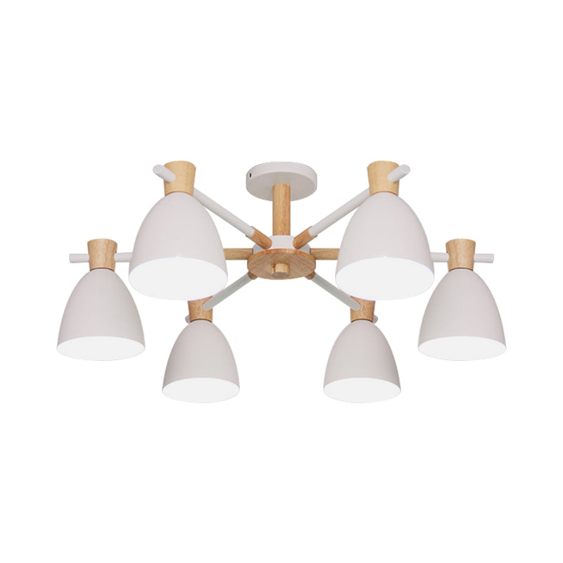 Nordic Bell Shaped Hanging Light Chandelier With Wood Accent - 6 Bulbs White