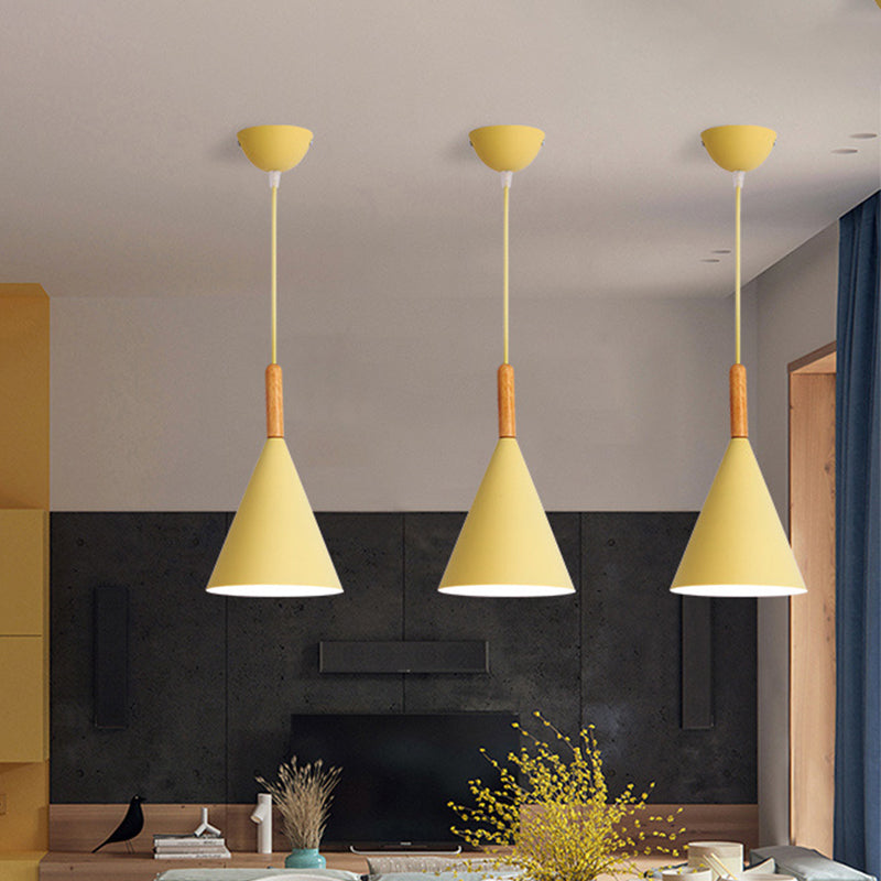 Conical Kindergarten Ceiling Pendant - 1-Light Macaron Hanging Light Fixture In Pink/Yellow/Grey