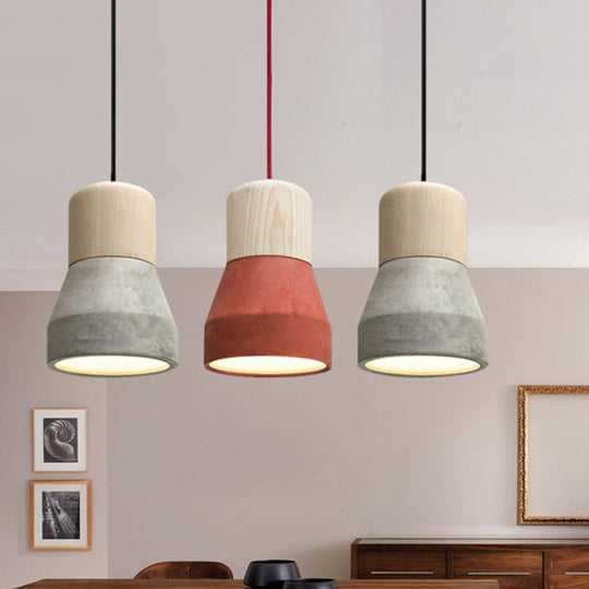 Cement Bottle Small Hanging Lamp Macaron Single Red/Grey/Green Ceiling Pendant Light With Wood Top