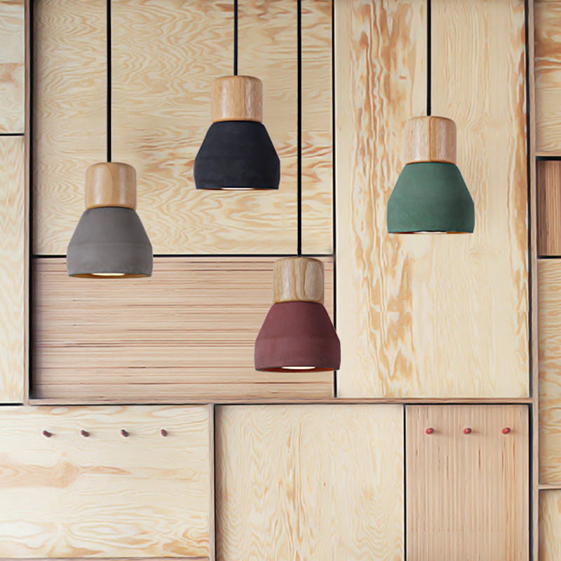Cement Bottle Small Hanging Lamp Macaron Single Red/Grey/Green Ceiling Pendant Light With Wood Top
