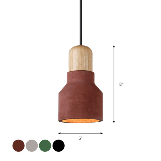 Cement Bottle Small Hanging Lamp Macaron Single Red/Grey/Green Ceiling Pendant Light With Wood Top