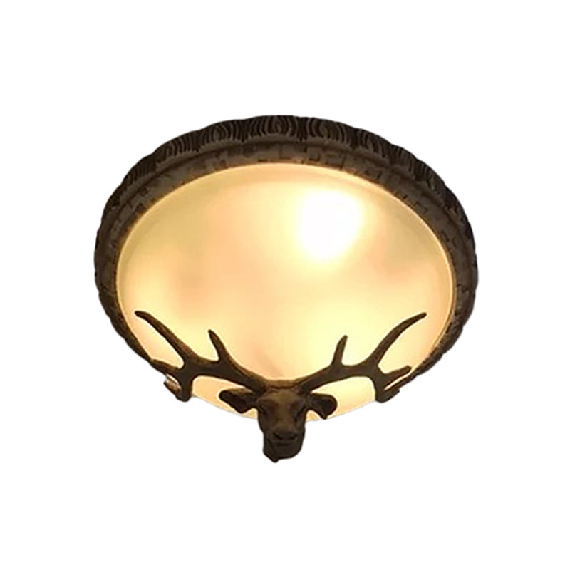Rustic Domed Tan Glass Flush Light With Deer Head Decor – 3 - Bulb Ceiling Fixture Brown