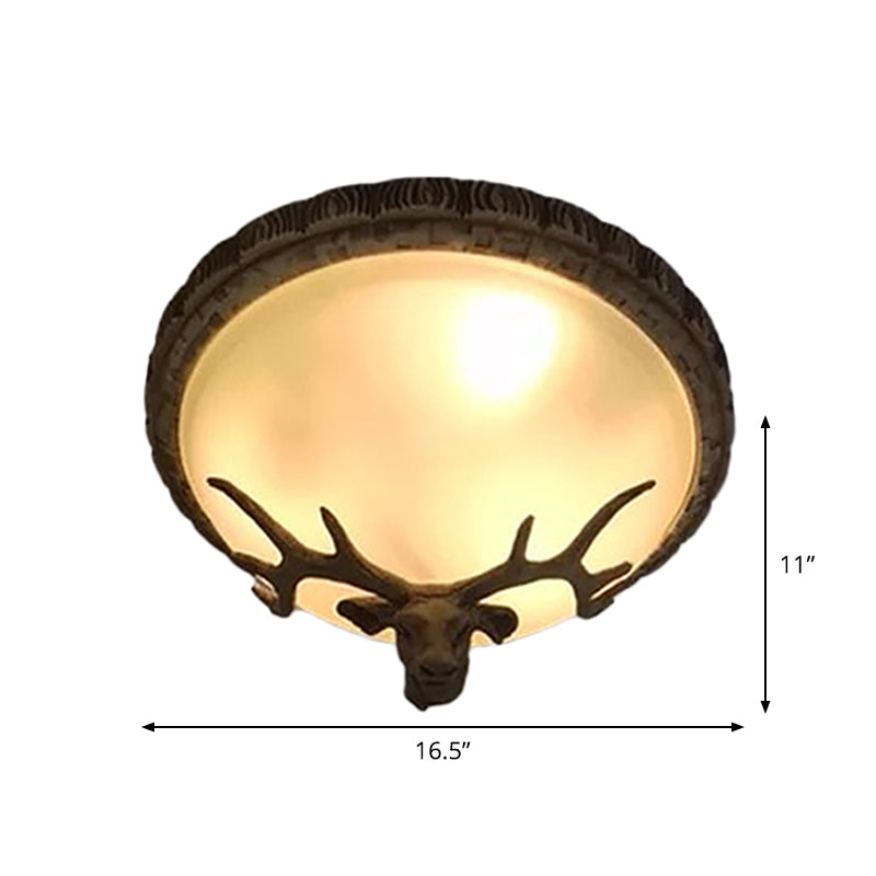 Rustic Domed Tan Glass Flush Light With Deer Head Decor – 3 - Bulb Ceiling Fixture Brown
