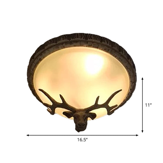 Rustic Domed Tan Glass Flush Light With Deer Head Decor – 3 - Bulb Ceiling Fixture Brown