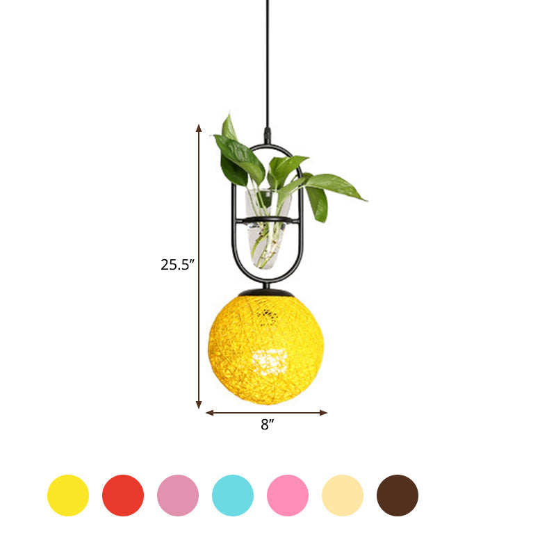 Macaron Rattan Globe Pendant Light With Plant Pot - Beige/Red/Pink