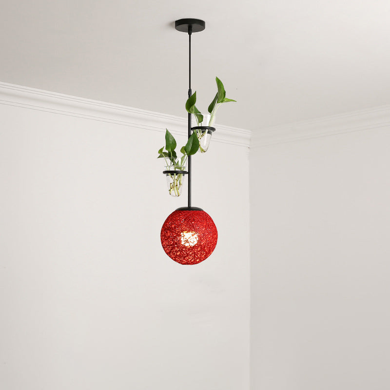 Macaron Rattan Globe Pendant Light With Plant Pot - Beige/Red/Pink