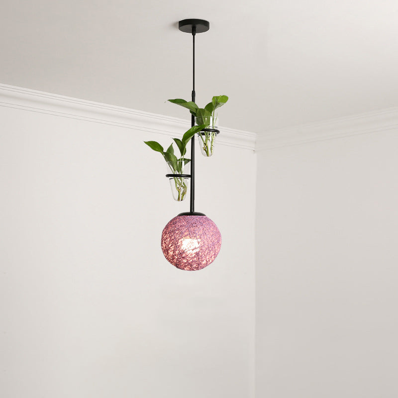 Macaron Rattan Globe Pendant Light With Plant Pot - Beige/Red/Pink