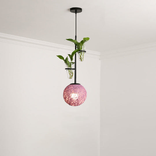 Macaron Rattan Globe Pendant Light With Plant Pot - Beige/Red/Pink