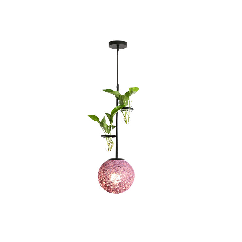 Macaron Rattan Globe Pendant Light With Plant Pot - Beige/Red/Pink