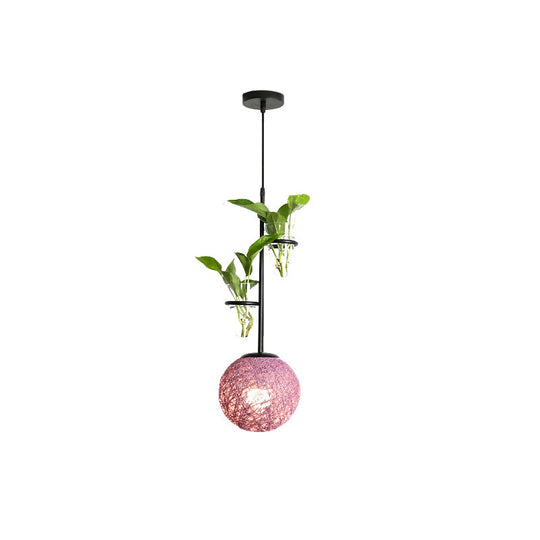 Macaron Rattan Globe Pendant Light With Plant Pot - Beige/Red/Pink