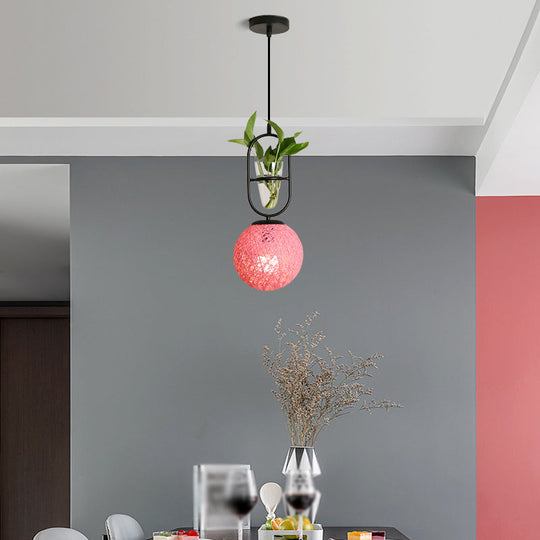 Macaron 1-Head Rattan Hanging Ceiling Light In Beige/Red/Pink With Plant Pot - Kitchen Pendant Pink
