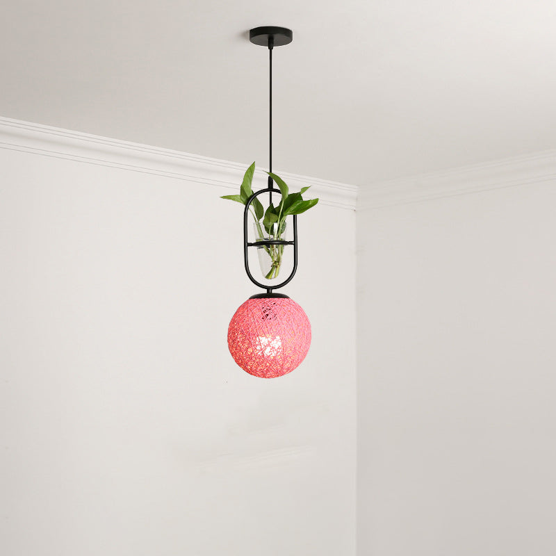 Macaron Rattan Globe Pendant Light With Plant Pot - Beige/Red/Pink