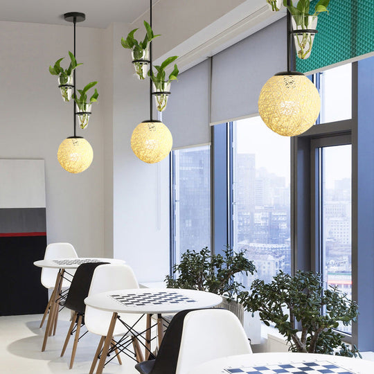 Macaron 1-Head Rattan Hanging Ceiling Light In Beige/Red/Pink With Plant Pot - Kitchen Pendant Beige