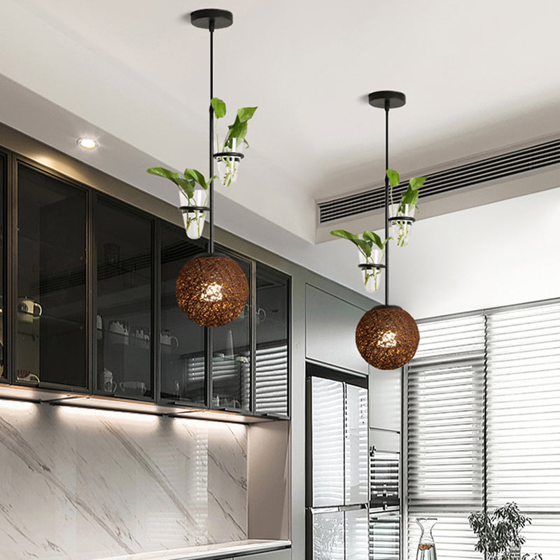 Macaron Rattan Globe Pendant Light With Plant Pot - Beige/Red/Pink Brown