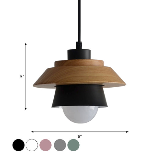 Macaron Single Pink/Grey/Green Wood Pendant Lamp Kit - 2-Shade Iron Hanging Fixture