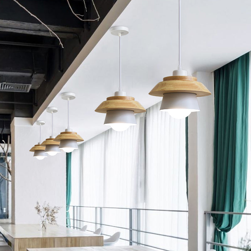 Macaron Single Pink/Grey/Green Wood Pendant Lamp Kit - 2-Shade Iron Hanging Fixture