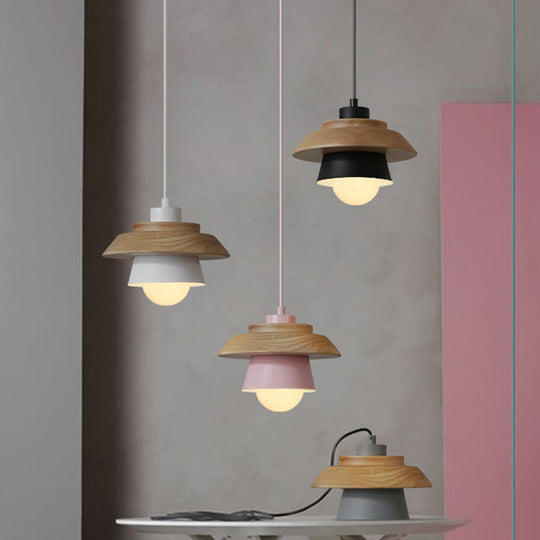 Macaron Single Pink/Grey/Green Wood Pendant Lamp Kit - 2-Shade Iron Hanging Fixture