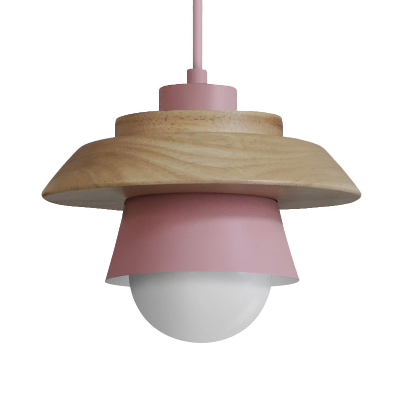 Macaron Single Pink/Grey/Green Wood Pendant Lamp Kit - 2-Shade Iron Hanging Fixture