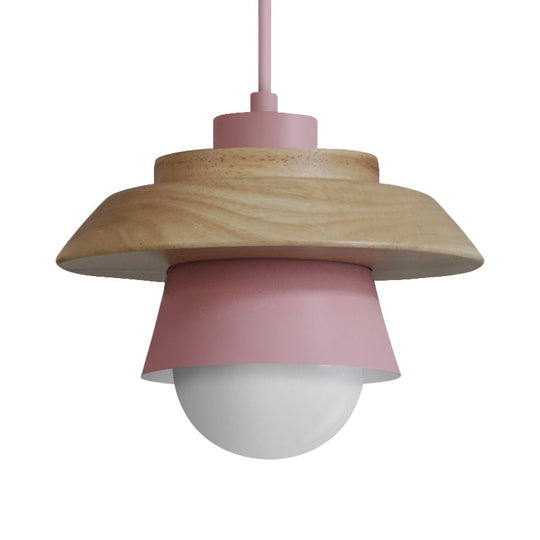 Macaron Single Pink/Grey/Green Wood Pendant Lamp Kit - 2-Shade Iron Hanging Fixture