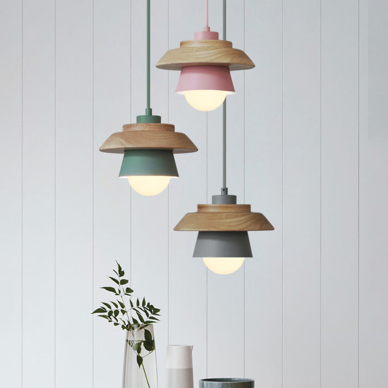 Macaron Single Pink/Grey/Green Wood Pendant Lamp Kit - 2-Shade Iron Hanging Fixture