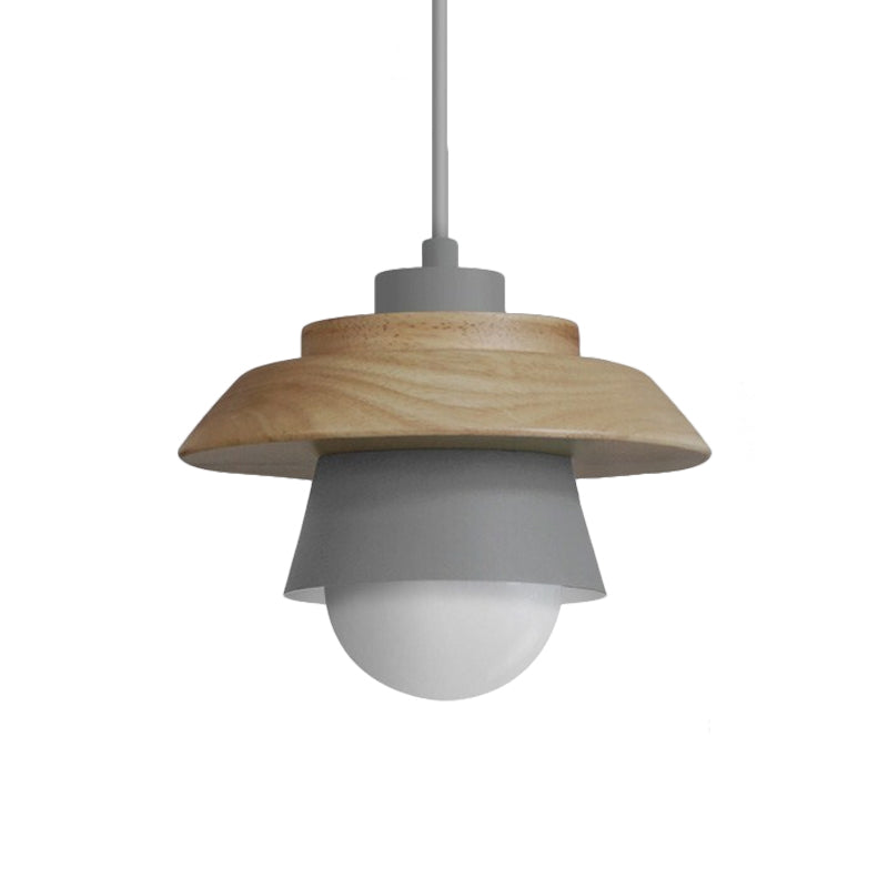 Macaron Single Pink/Grey/Green Wood Pendant Lamp Kit - 2-Shade Iron Hanging Fixture