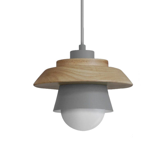 Macaron Single Pink/Grey/Green Wood Pendant Lamp Kit - 2-Shade Iron Hanging Fixture