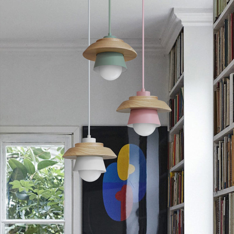 Macaron Single Pink/Grey/Green Wood Pendant Lamp Kit - 2-Shade Iron Hanging Fixture