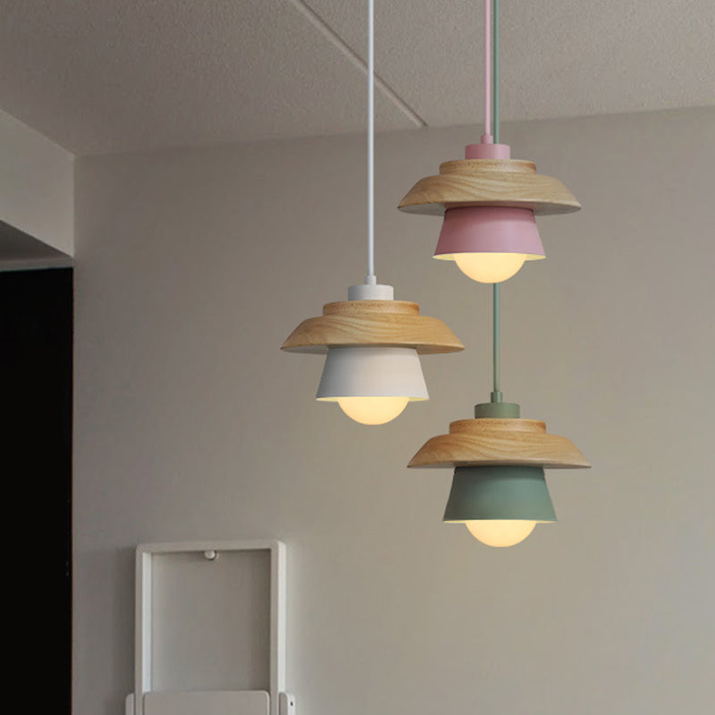 Macaron Single Pink/Grey/Green Wood Pendant Lamp Kit - 2-Shade Iron Hanging Fixture