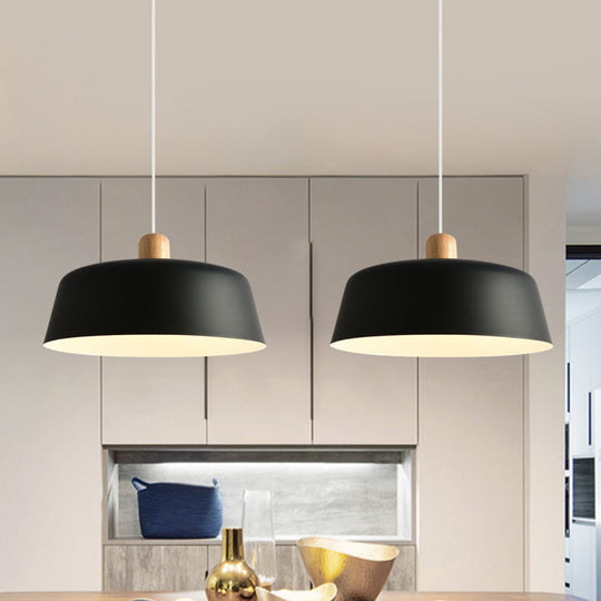 Nordic Metal Pendant Lamp With Wood Top And 1 Light - Flat-Bowl Shape In Black White