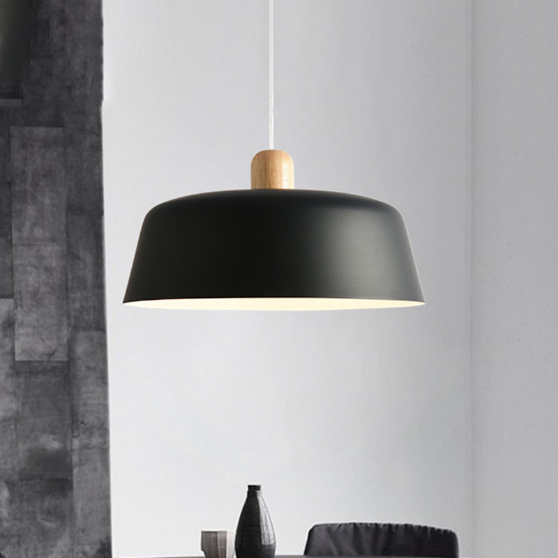 Nordic Metal Pendant Lamp With Wood Top And 1 Light - Flat-Bowl Shape In Black White
