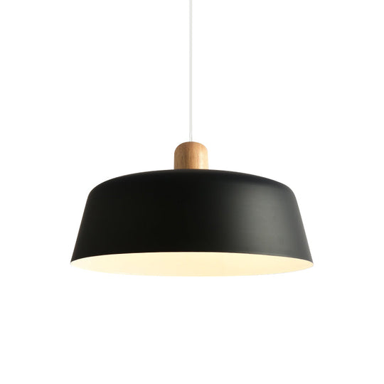 Nordic Metal Pendant Lamp With Wood Top And 1 Light - Flat-Bowl Shape In Black White