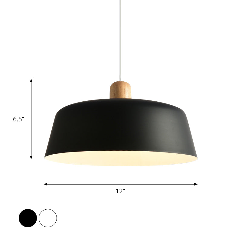 Nordic Metal Pendant Lamp With Wood Top And 1 Light - Flat-Bowl Shape In Black White