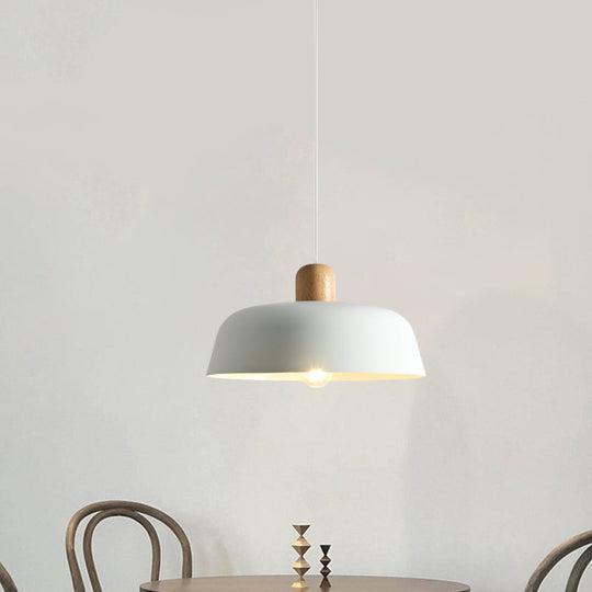 Nordic Metal Pendant Lamp With Wood Top And 1 Light - Flat-Bowl Shape In Black White