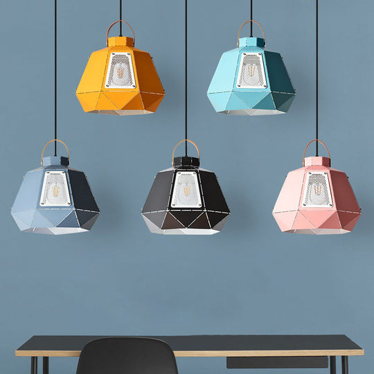 Iron Macaron Pendant Light Kit With 1 Head & Laser-Cut Design In Pink Yellow Or Blue Black