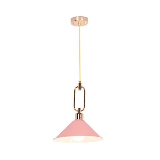 Macaron Cone Pendant Lamp Elegant Metal Ceiling Light With Rolled Edge Single Bulb And Buckle Top In
