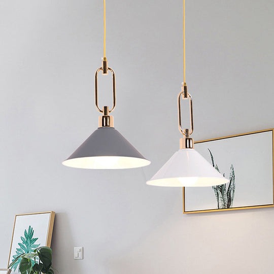 Macaron Cone Pendant Lamp Elegant Metal Ceiling Light With Rolled Edge Single Bulb And Buckle Top In